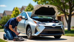 A certified mobile mechanic working on a Toyota Prius in a Kansas City residential driveway.