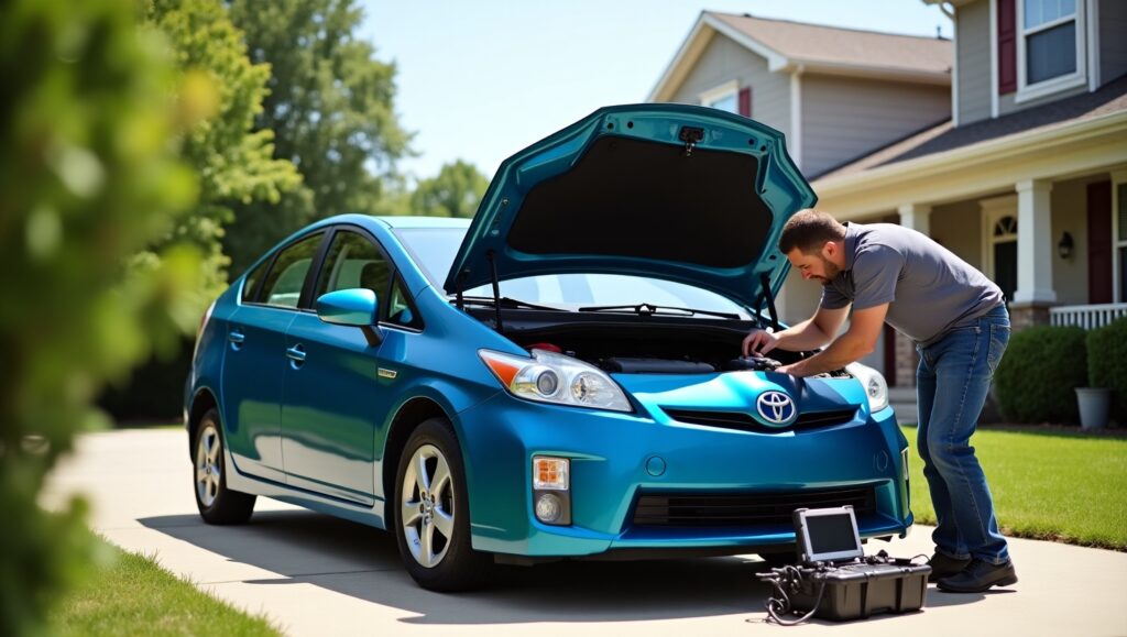 A certified mobile mechanic working on a Toyota Prius in a Kansas City residential driveway. Background shows suburban homes and green trees under a clear blue sky. Tools and diagnostic equipment visible near the vehicle, emphasizing modern hybrid repair on-site.